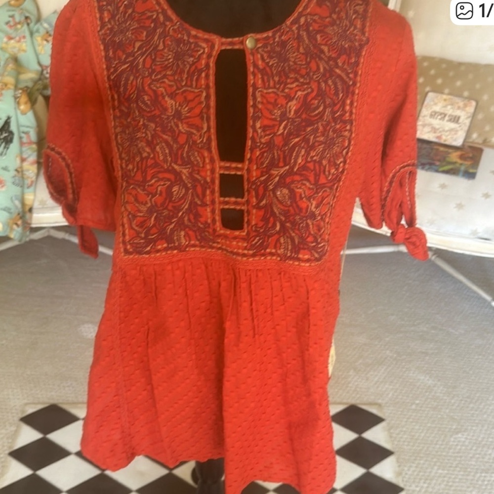 Double D Ranch Red Embroidered Peasant Top